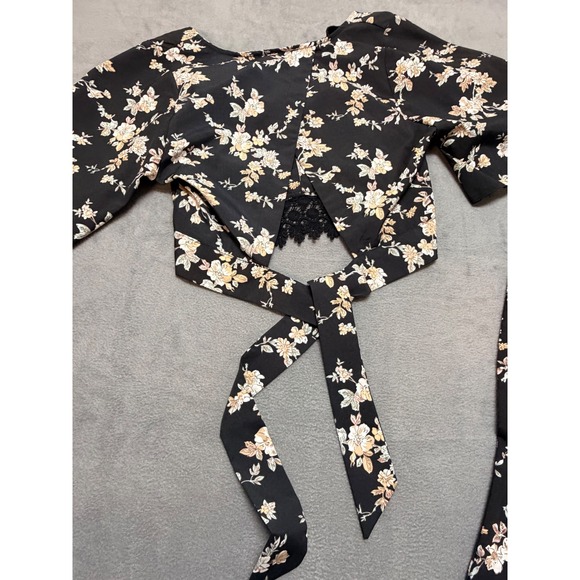 FATE Floral Boho Whimsical Print Crop Top Crotchet Wide Leg Pants Set Black SZ M - Picture 3 of 15